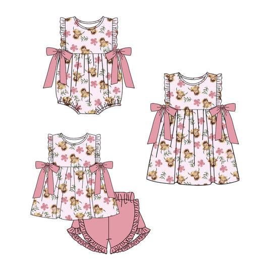 ( Moq 5 Each Style ) Baby Girl Cow Flower Dogs Bows Sibling Pink Romper Dress Set 3.28