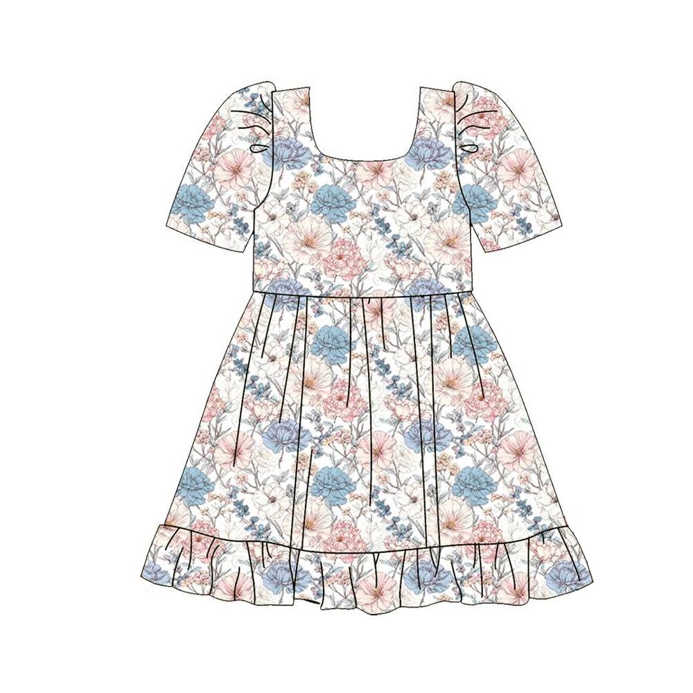 ( Moq 5 ) Preorder Baby Girls Kids Short Sleeves Flower Knee Length Ruffle Dress Clothes