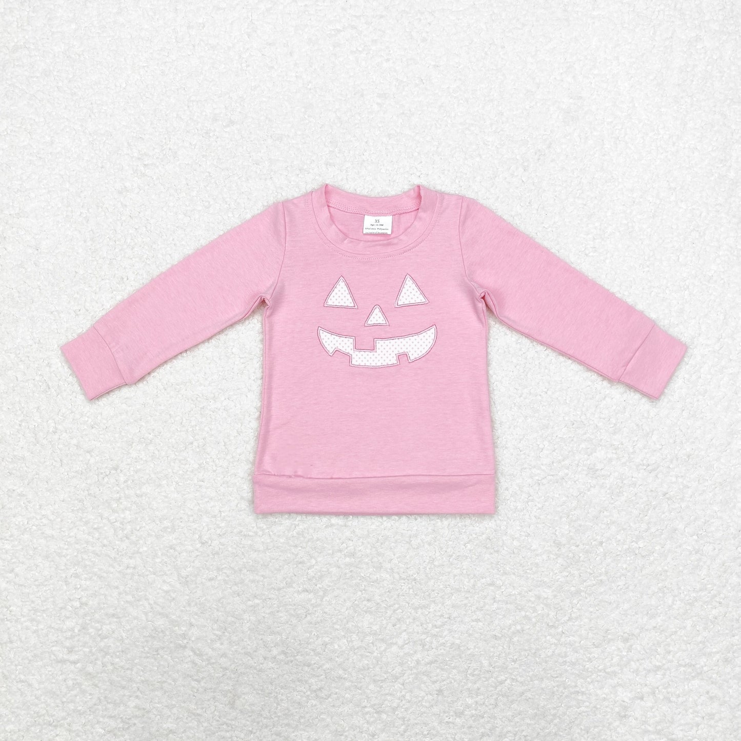 Baby Girl Embroidery Halloween Smile Face Long Sleeves Pink Shirt Tops