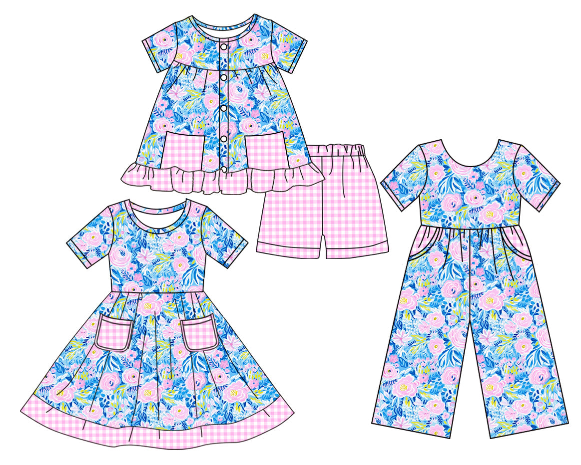 Baby Girl Short Sleeves Flower Pockets Sibling Jumpsuit Dress Set ( Moq 5 Each Style ) 3.17