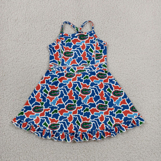 Baby Girls Kids Straps Blue Orange Camo Print Team Yoga Ruffle Knee Length Dress RTS