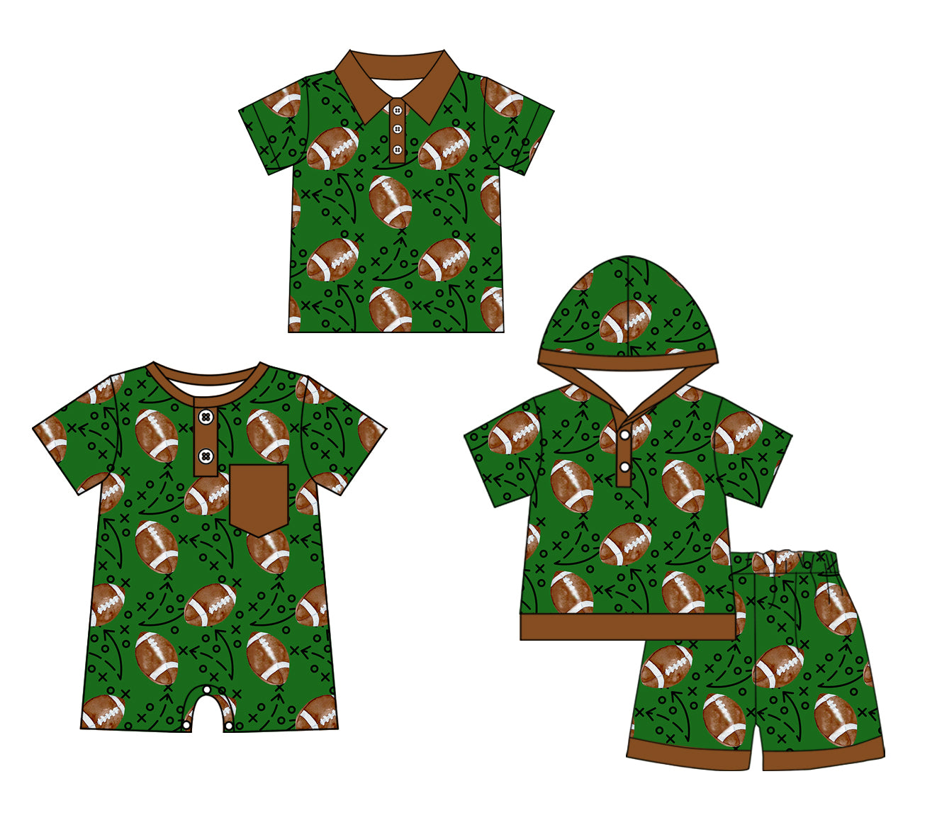 Baby Boy Short Sleeves Sibling Football Green Romper Clothes Set ( Moq 5 Each Design )11.26