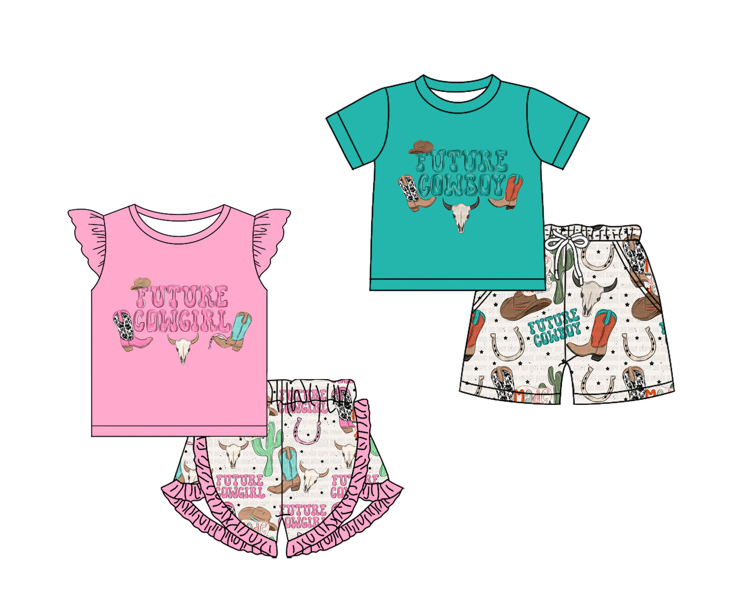 Baby Boy Girl Short Sleeves Cowgirl Cowboy Sibling Clothes Set ( Moq 5 Each Design )11.26