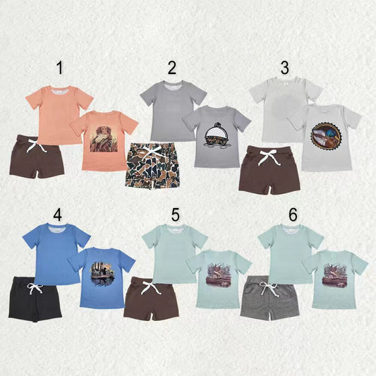 Sibling Baby Boys Short Sleeves Ducks Dogs Fishing Shirts Pockets Shorts Hunting Clothes Sets RTS