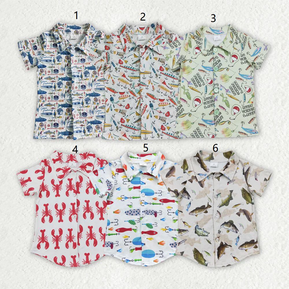 Baby Boy Toddler Short Sleeves Crawfish Fishing Sibling Buttons Shirt RTS