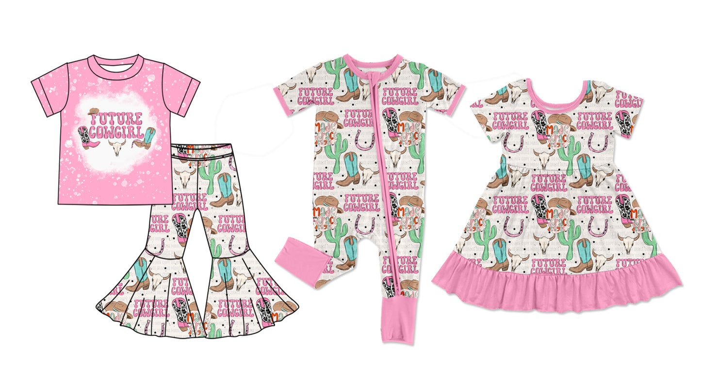 Baby Girl Short Sleeves Cowgirl Pink Sibling Romper Dress Clothes Set ( Moq 5 Each Design )11.26