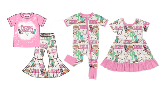 Baby Girl Short Sleeves Cowgirl Pink Sibling Romper Dress Clothes Set ( Moq 5 Each Design )11.26