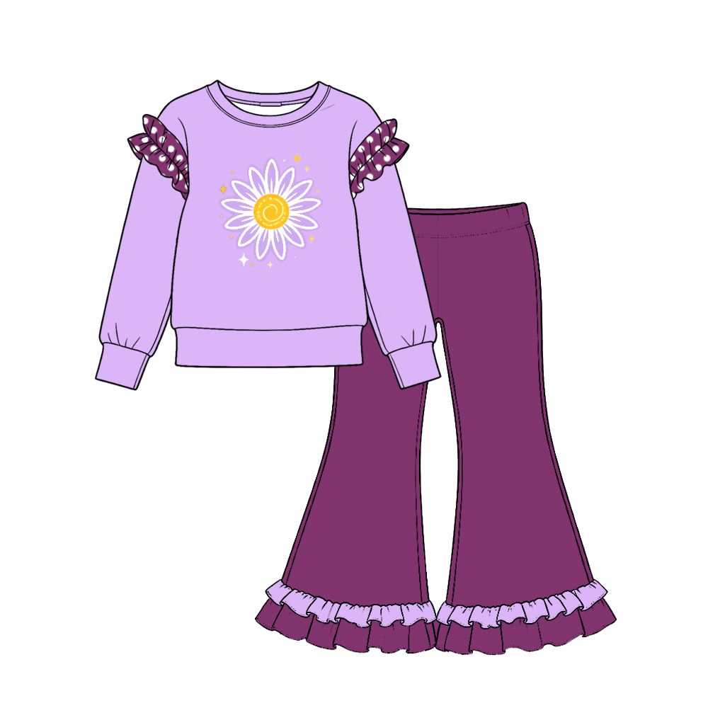 ( Moq 5 ) Preorder Baby Girls Kids Long Sleeves Flower Shirt Ruffle Pants Set Purple Clothes