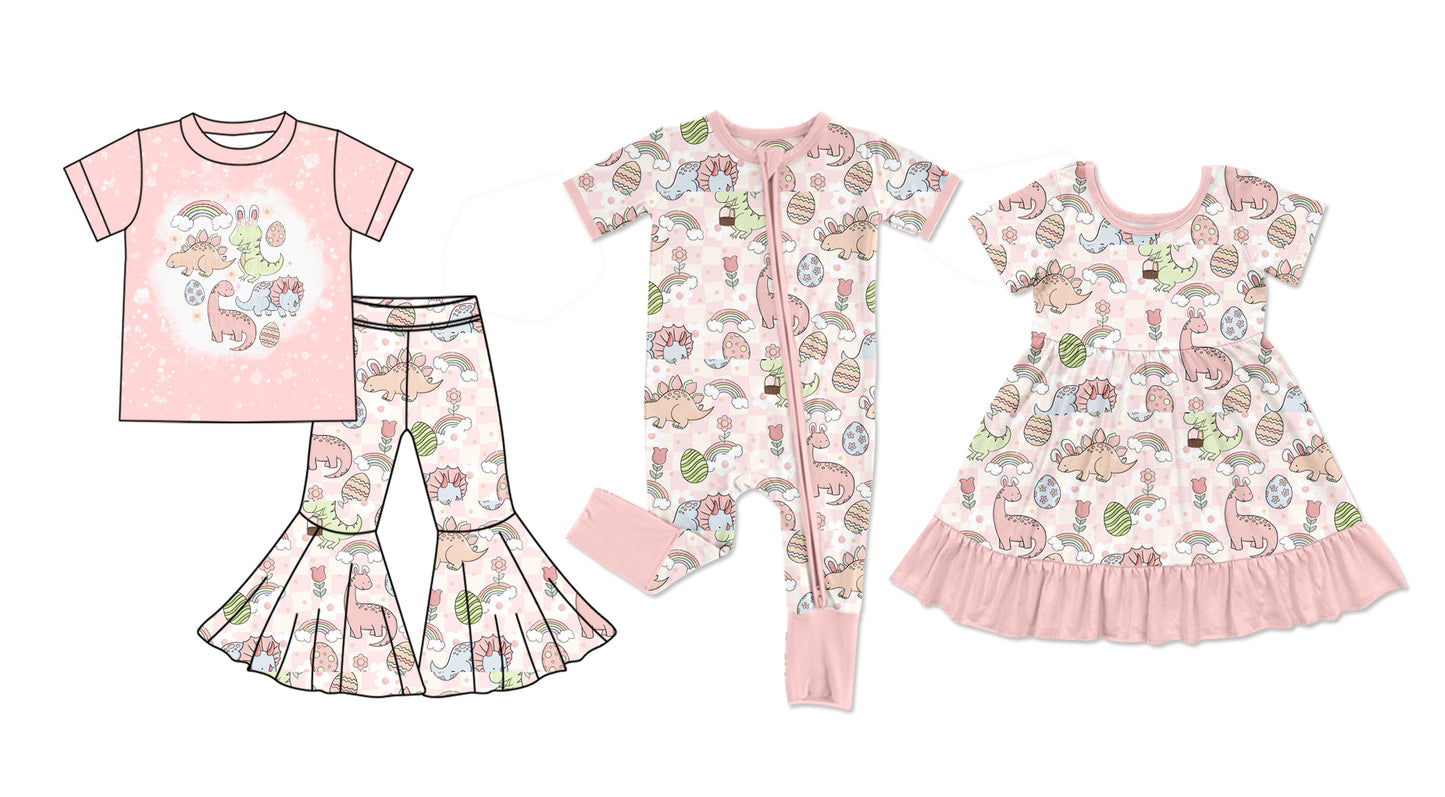 Baby Girl Short Sleeves Dinosaurs Eggs Easter Sibling Romper Dress Clothes Set ( Moq 5 Each Design )11.26