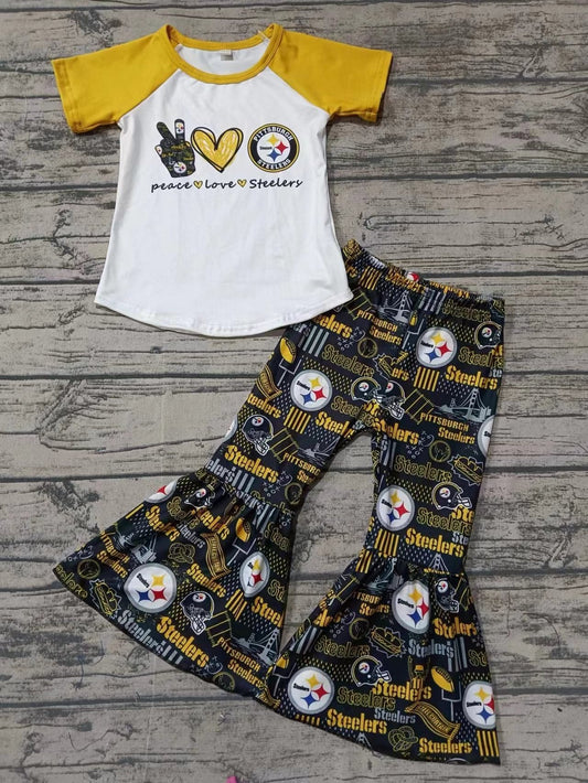 Baby Girl Toddler Yellow Short Sleeves Team Shirt Bell Pants Outfit Moq 5