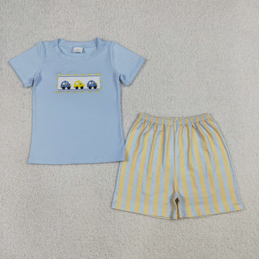 Baby Boys Kids Short Sleeves Embroidery Car Shirt Stripes Shorts Set Clothes RTS