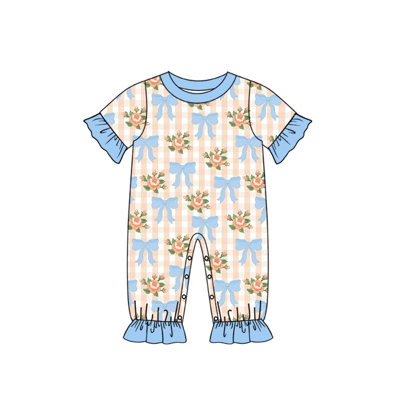 ( Moq 5 ) Preorder Baby Girls Kids Short Sleeves Flower Bows Plaid Romper Clothes
