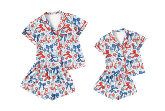Baby Girl Toddler Adult Women Short Sleeves Bows Flower July 4th Shorts Sibling Family Shorts Pajamas Set ( Moq 5 Each Style )11.26
