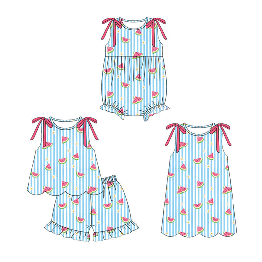 ( Moq 5 Each Style ) Sibling Baby Girls Kids Watermelon Bows Stripes Romper Dress Set Clothes