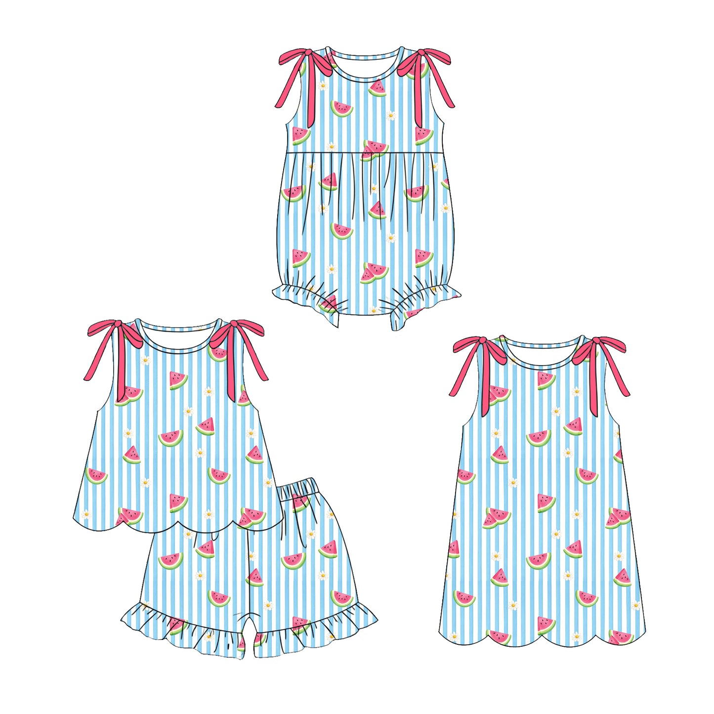 ( Moq 5 Each Style ) Sibling Baby Girls Kids Watermelon Bows Stripes Romper Dress Set Clothes