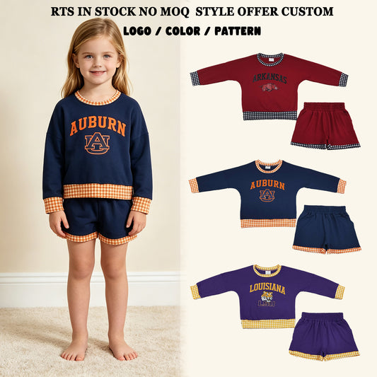 Sibling Baby Girls Kids Long Sleeves Shirts Pockets Shorts Cotton Sets Team Clothes RTS