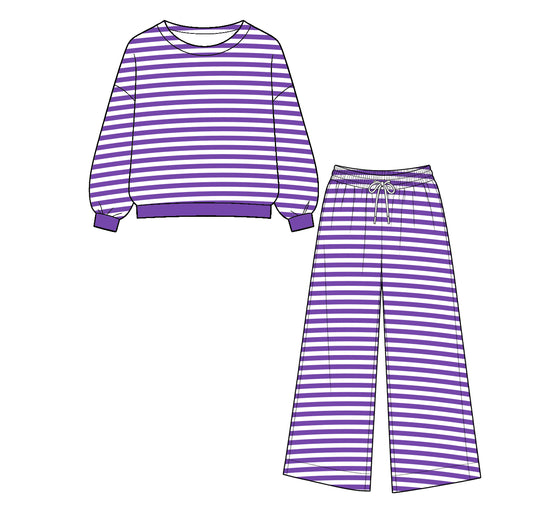 ( Moq 5 ) Baby Girls Kids Long Sleeves Purple Stripes Shirt Pants Set Clothes