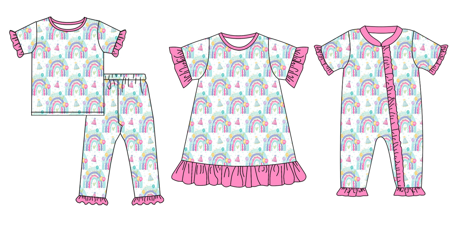 Baby Girl Short Sleeves Rainbow Birthday Sibling Romper Dress Clothes Set ( Moq 5 Each Design )11.30