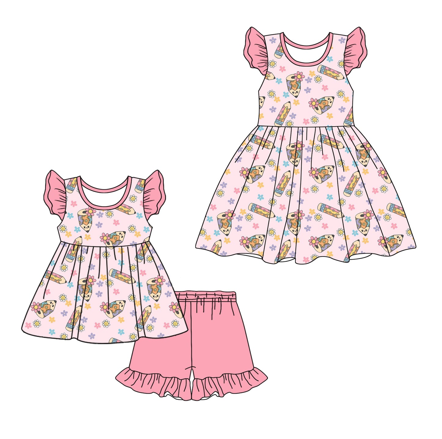 Baby Girl Back To School Pencil Flower Sibling Dress Set ( Moq 5 Each Style ) 12.28