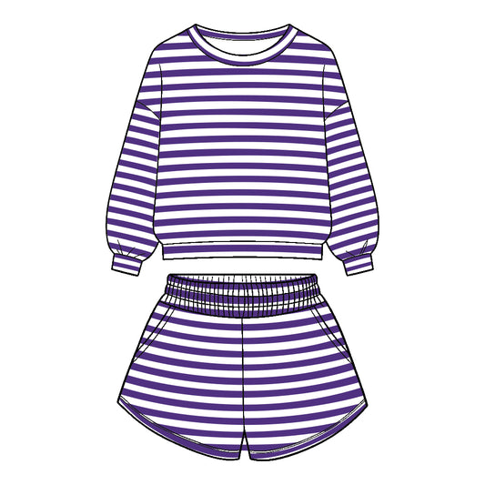 ( Moq 5 ) Baby Girls Kids Long Sleeves Stripes Shirt Pockets Shorts Team Set Clothes