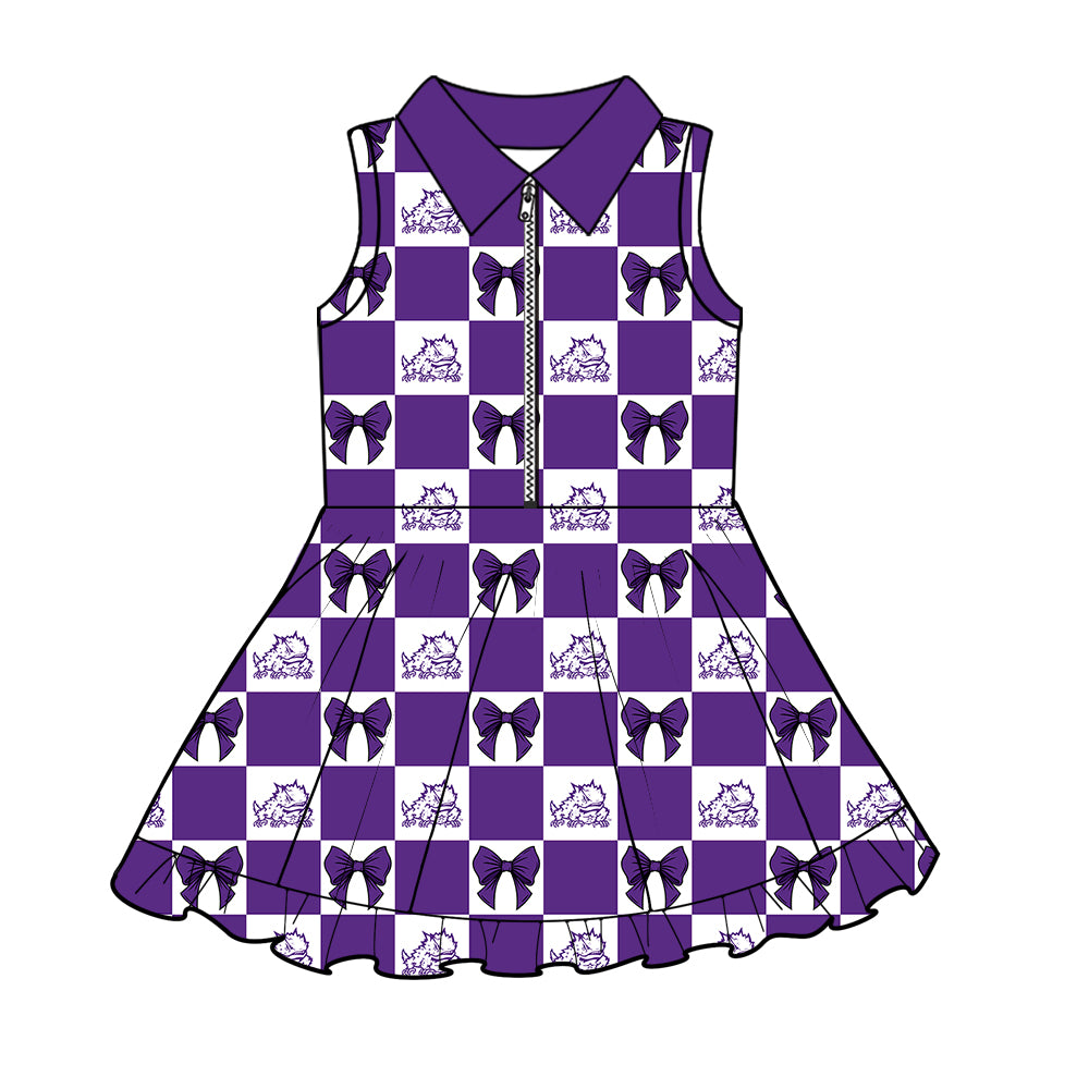 ( Moq 5 ) Baby Girls Kids Frog Bows Purple Checked Team Zipper Shorts Knee Length Dress