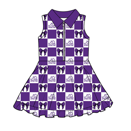 ( Moq 5 ) Baby Girls Kids Frog Bows Purple Checked Team Zipper Shorts Knee Length Dress