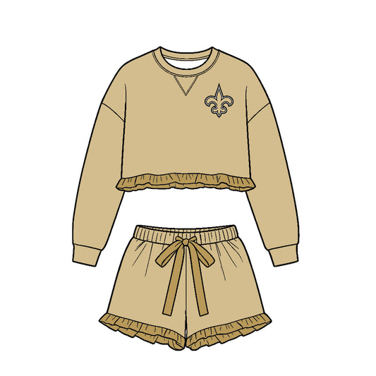 ( Moq 5 ) Baby Girls Kids Long Sleeves Ruffle Shirt Shorts Team Set Clothes