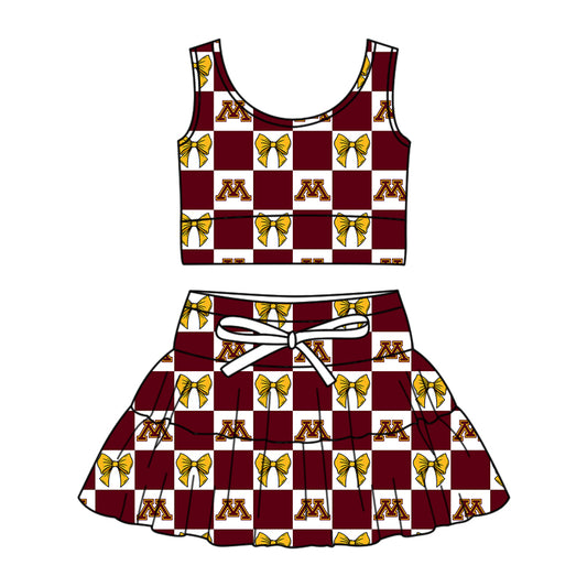 ( Moq 5 ) Baby Girls Toddler M Bows Dark Red Plaid Tops Shorts Skirt Team Set