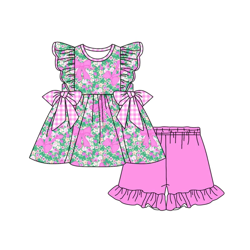 Baby Girl Flutter Sleeves Bows Floral Tunic Ruffle Shorts Set ( Moq 5 )