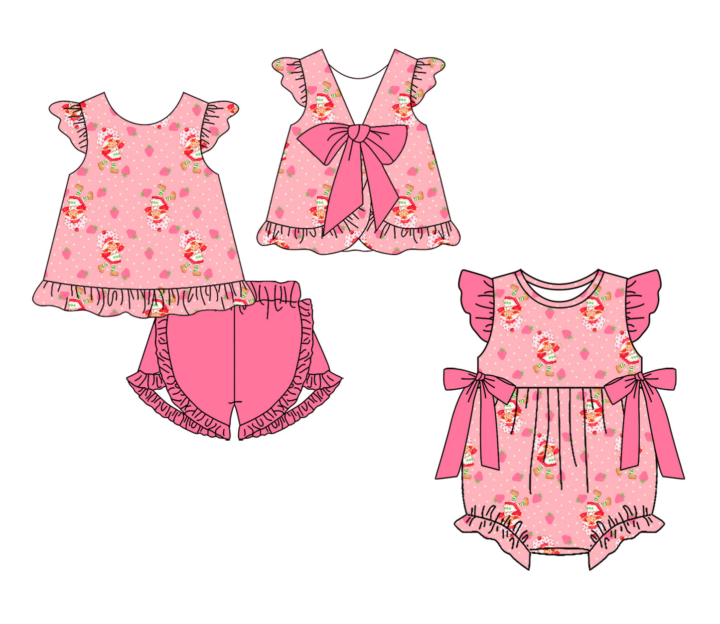 ( Moq 5 Each Style ) Sibling Baby Girls Kids Strawberry Bows Romper Set Summer Clothes