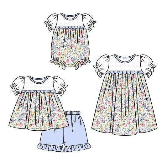 ( Moq 5 Each Style ) Baby Girls Kids Short Sleeves Flower Blue Ruffle Sibling Romper Dress Set Clothes