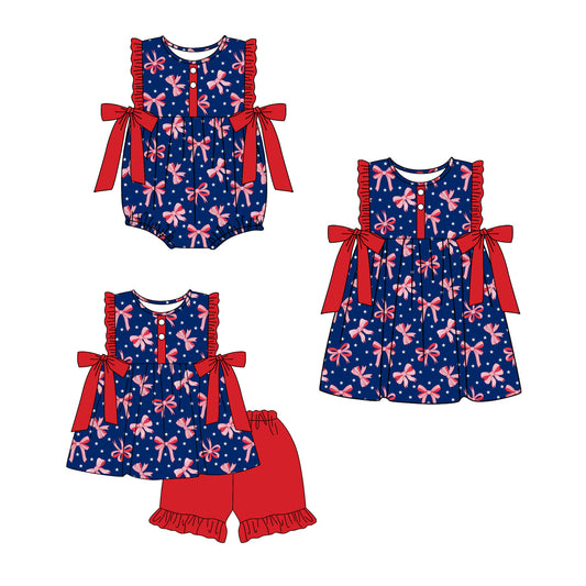 ( Moq 5 Each Style ) Sibling Baby Girls Kids Bows Romper Dress Set 4th of July Clothes