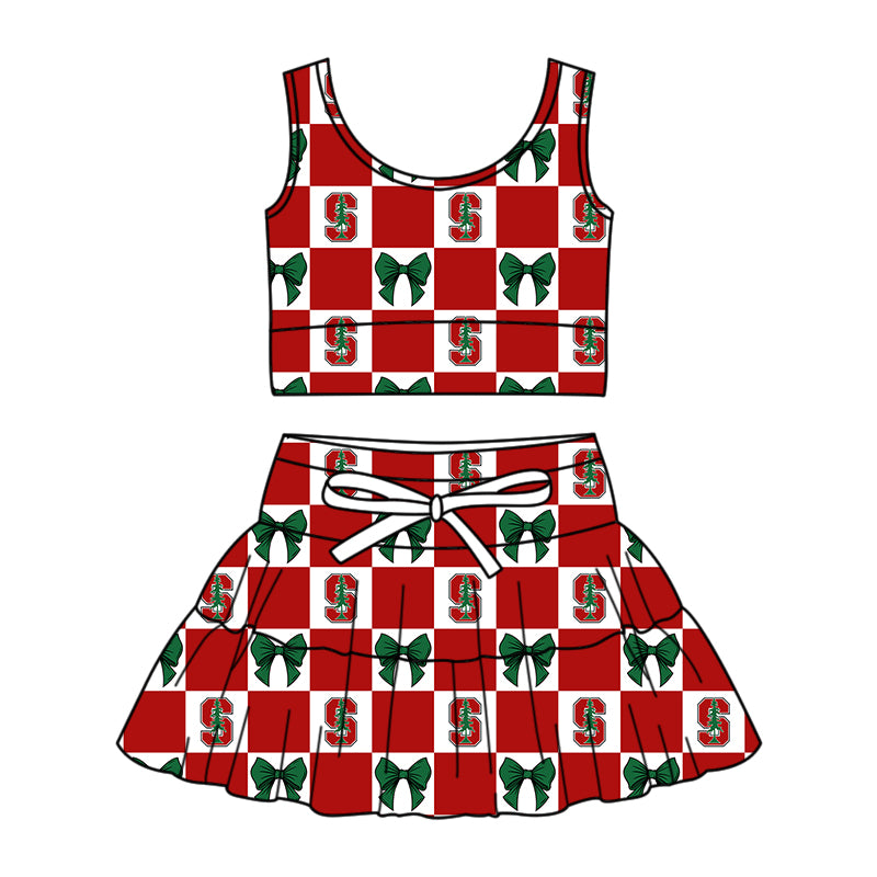 ( Moq 5 ) Baby Girls Kids Sleeveless Tree Bows Checked Tops Shorts Skirt Team Set