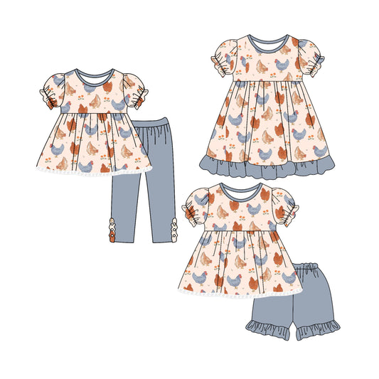 ( Moq 5 Each Style ) Baby Girl Short Sleeves Chicken Farm Sibling Dress Set 4.25