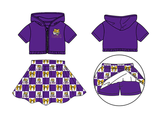 ( Moq 5 Each Style ) Baby Girls Kids Toddler Purple Hoodie Zipper Tops Tigers Bows Shorts Skirt Team Set