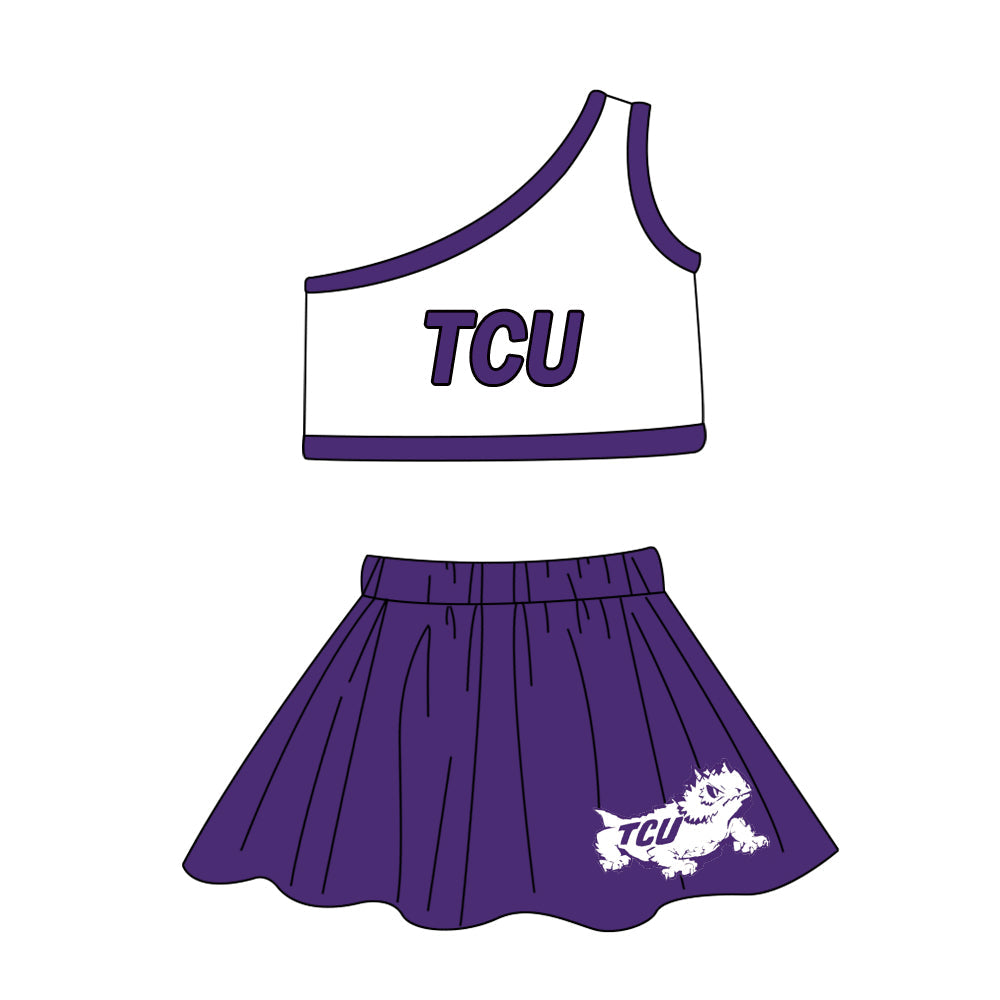 Baby Girl One Shoulder Team Shirt Purple Skorts Clothes Cheer Set ( Moq 5 )