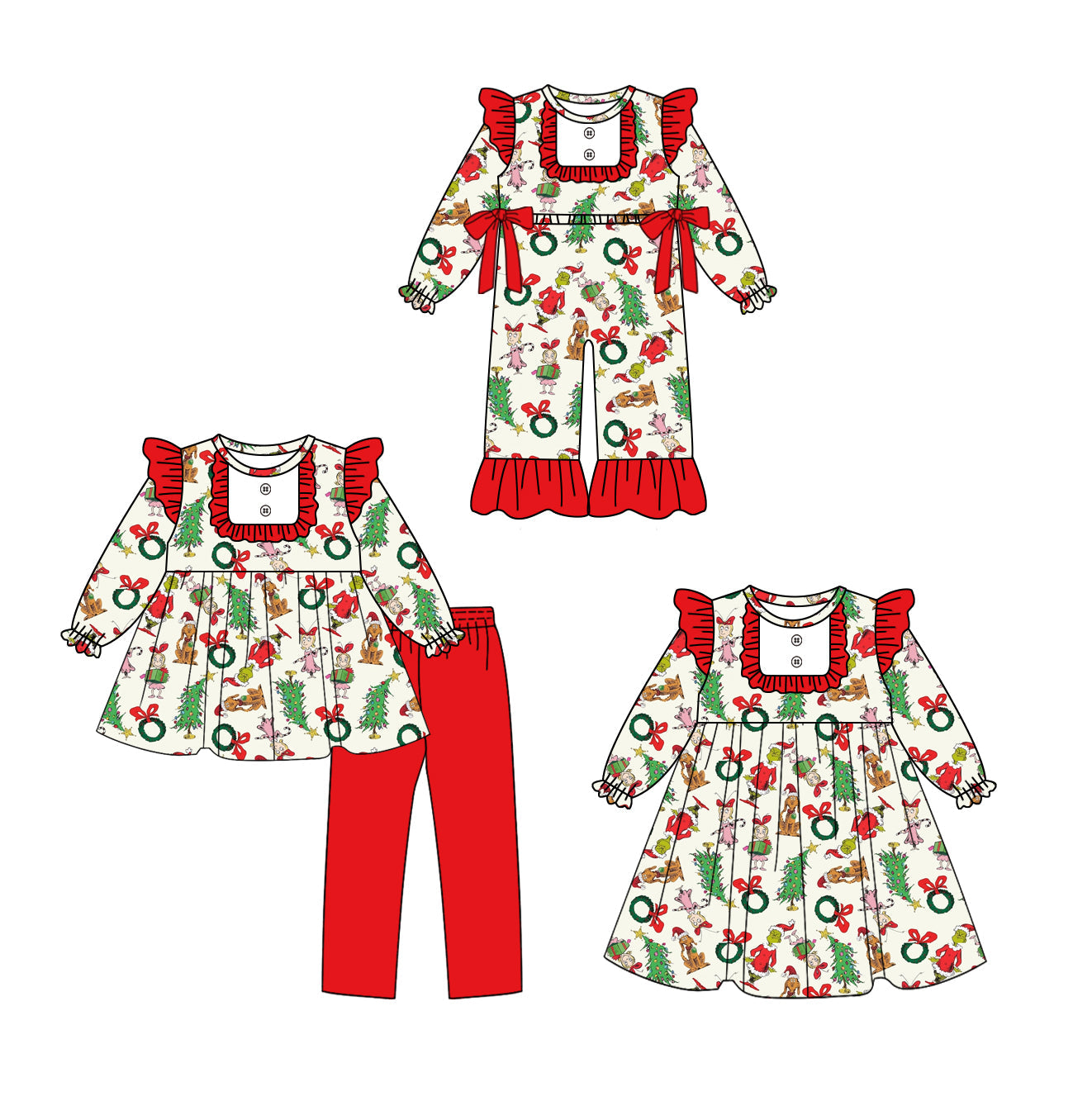 ( Moq 5 Each Style ) Baby Kids Toddler Green Face Christmas Bows Sibling Romper Dress Set