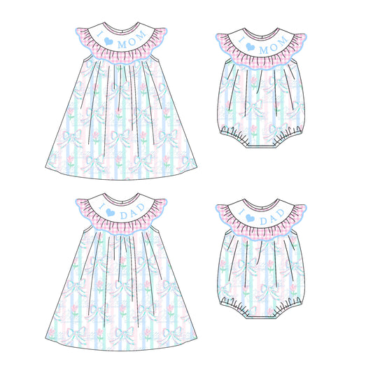 ( Moq 5 Each Style ) Baby Girl I Love Mom Dad Flower Bows Stripes Sibling Summer Romper Dress 4.22