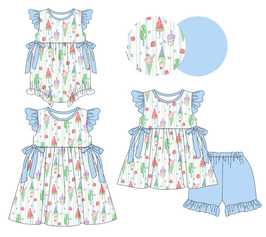 ( Moq 5 Each Style ) Baby Girls Kids Popsicles Blue Bows Sibling Romper Dress Set