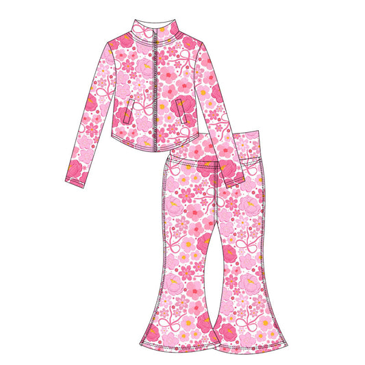 ( Moq 10 ) Baby Girl Long Sleeves Flower Pockets Zipper Tops Bell Bottom Pants Activity Wear Yoga Set