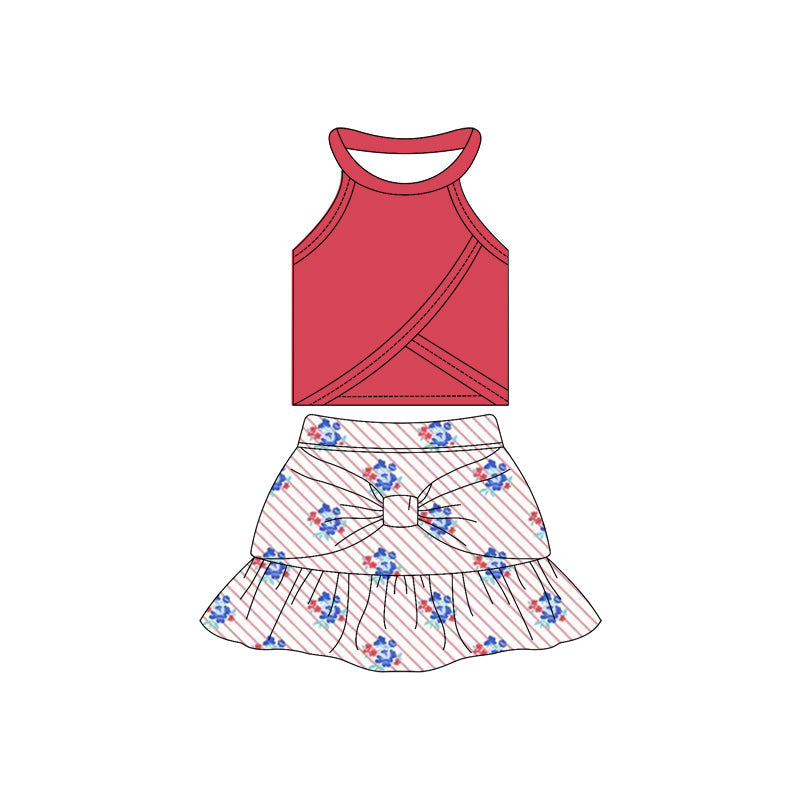 ( Moq 10 ) Baby Girl Sleeveless Red Vest Flower Stripe Ruffle Shorts Skirts Activity Wear Yoga Set