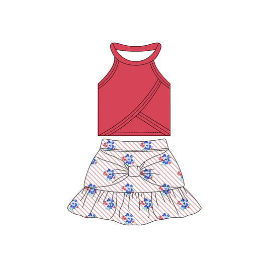 ( Moq 10 ) Baby Girl Sleeveless Red Vest Flower Stripe Ruffle Shorts Skirts Activity Wear Yoga Set