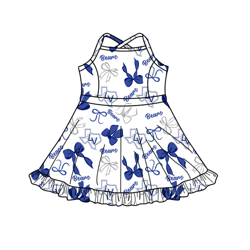 ( Moq 5 each style ) Boys Girls Team Cheer Sibling Shirt Drips Blue Bows Dress Set 8.14