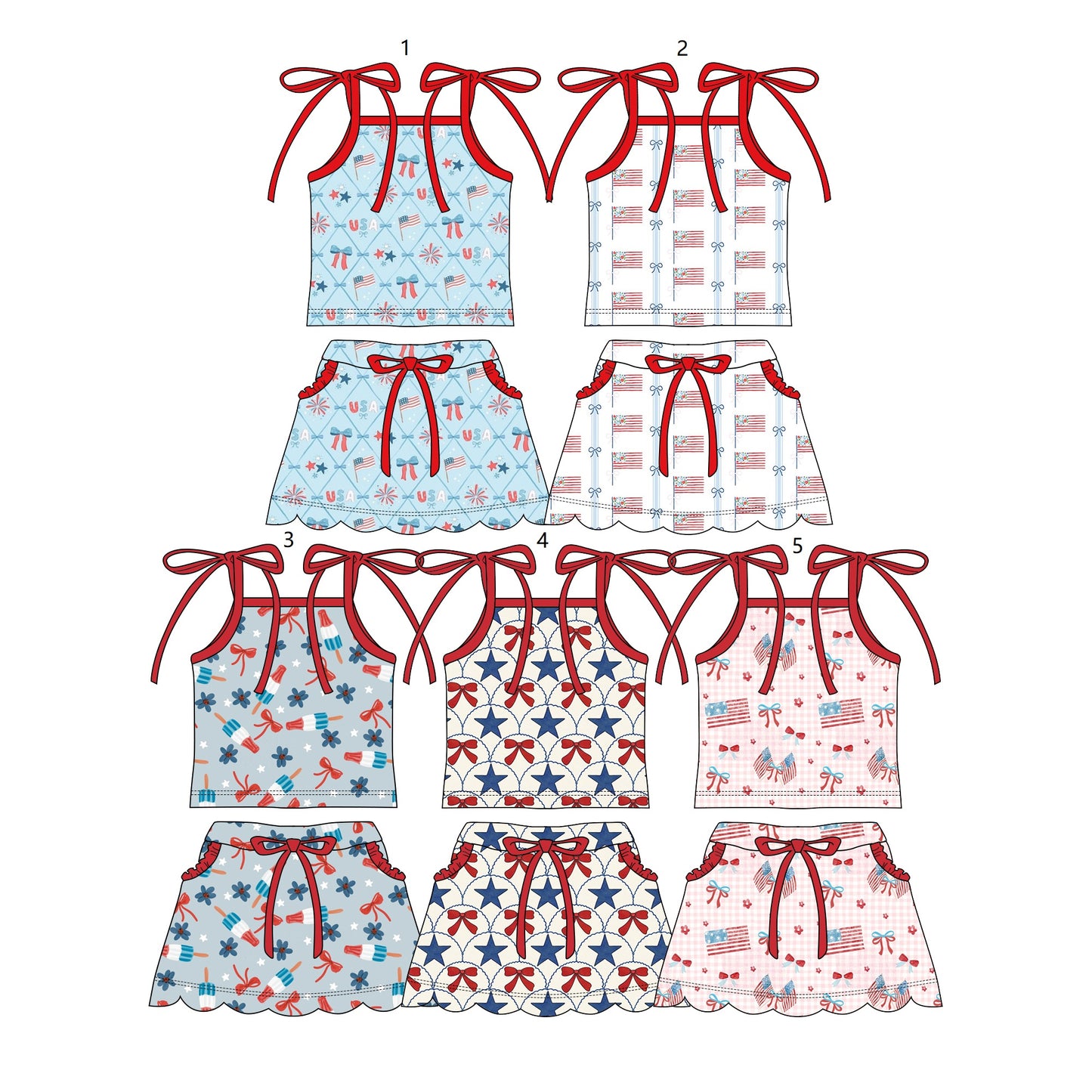 ( Moq 30 Each Style ) Sibling Baby Girls Kids Sleeveless 4th of July Shirts Pockets Skorts Sets Clothes