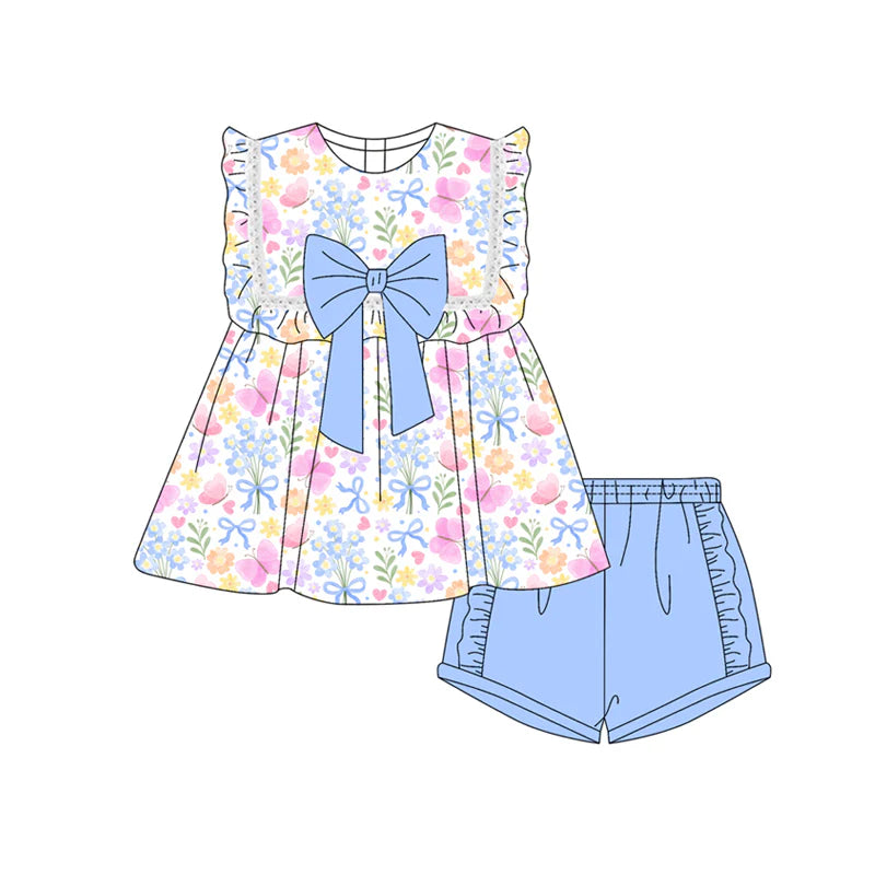 Baby Girl Sleeveless Pink Butterfly Floral Tunic Blue Ruffle Shorts Set ( Moq 5 )