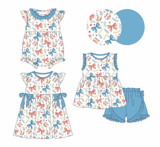 ( Moq 5 Each Style ) Baby Girl Short Sleeves Baseball Bows Sibling Romper Dress Set 3.29