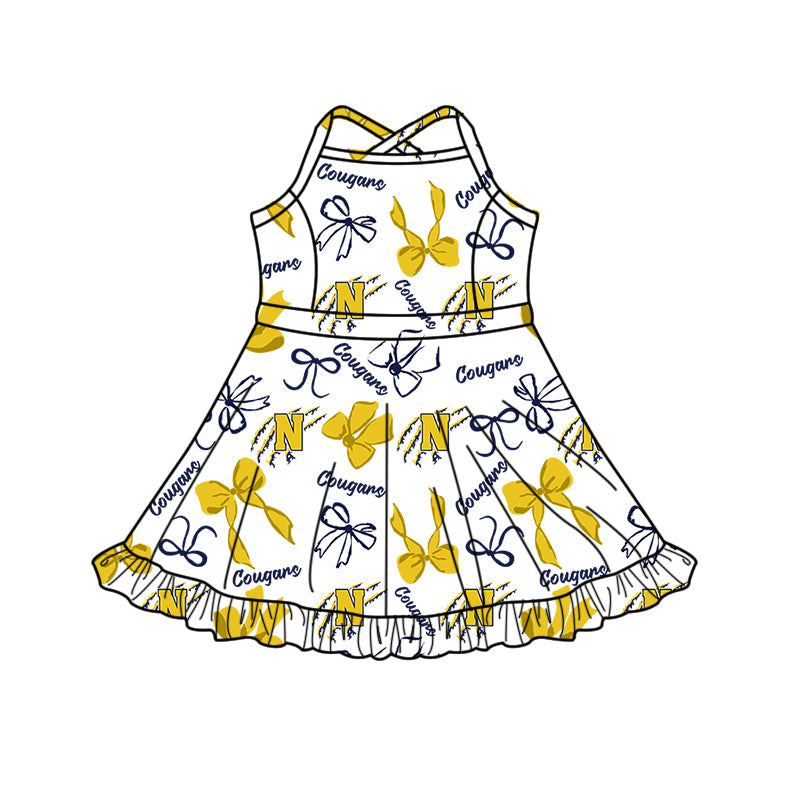 ( Moq 5 each style ) Baby Boy Girl Team Sibling Shirt Yellow Bows Cheer Dress Set 8.16