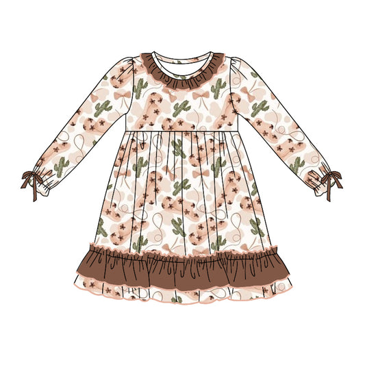 Baby Girl Long Sleeves Western Hats Cactus Bows Dress