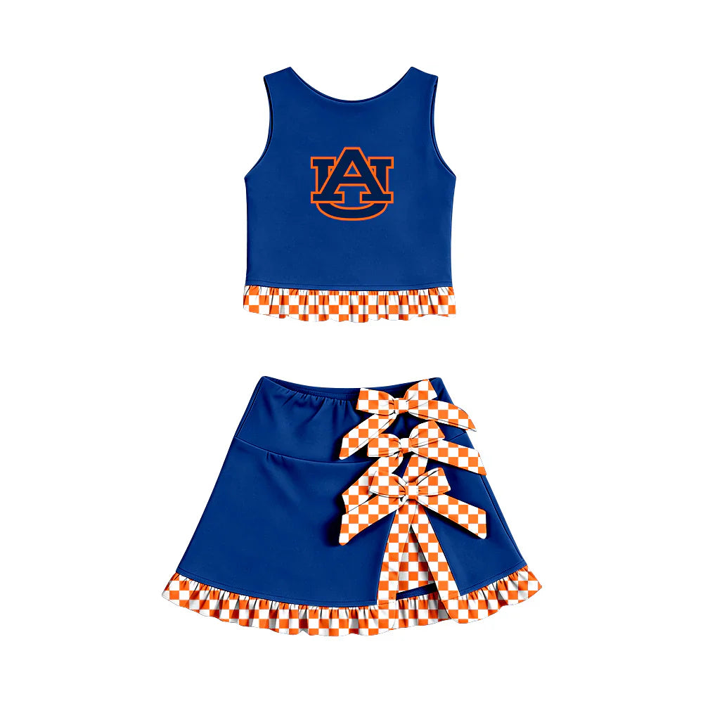 ( Moq 5 ) Sibling Baby Girls Kids Sleeveless Cheer AU Vest Checked Bows Skirt Shorts Team Set Clothes