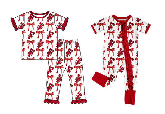 ( Moq 5 Each Style ) Girls Toddler Short Sleeves Crawfish Bows Sibling Zipper Romper Pajamas Set